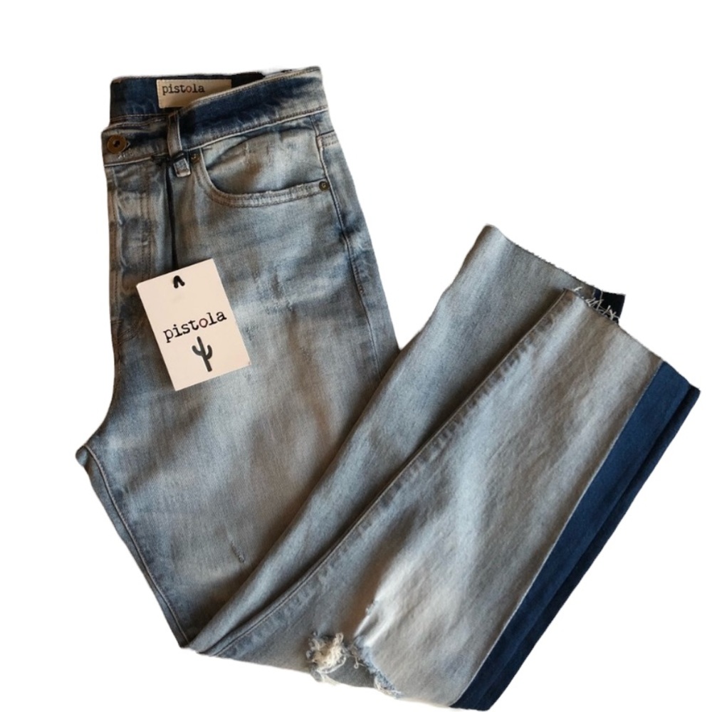 PISTOLA distressed two tone straight leg jeans